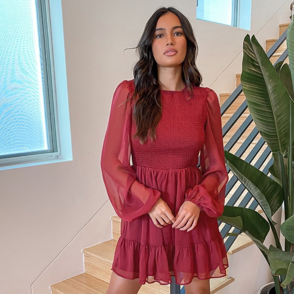 Simply the Sweetest Berry Red Long Sleeve Smocked Mini Dress